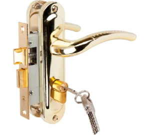 Замок врезной Vrata 50/106-ЦМ70 цилиндровый с защелкой с ручкой золото 210276